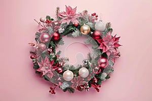 Festive Christmas Wreath Adorned with Red Baubles and Pine Cones on Pink Background