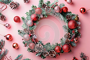 Festive Christmas Wreath Adorned with Red Baubles and Pine Cones on Pink Background