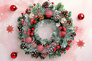 Festive Christmas Wreath Adorned with Red Baubles and Pine Cones on Pink Background