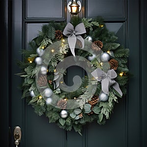 Festive Christmas wreath with baubles bow and cones.