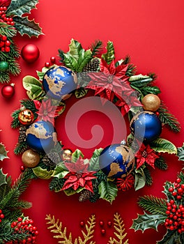 Festive Christmas Wreath with Blue Ornaments, Poinsettias and Pine Cones on Vibrant Red Background for Holiday Decor