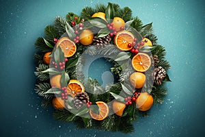 Festive Christmas wreath. Crafted from lush green tree branches, slices of citrus and red rowan berrie on textured blue wall.
