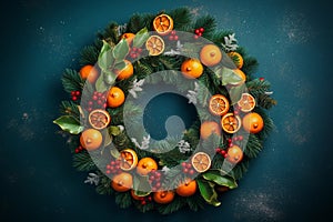 Festive Christmas wreath. Crafted from lush green tree branches, slices of mandarins and red rowan berrie on textured blue wall.