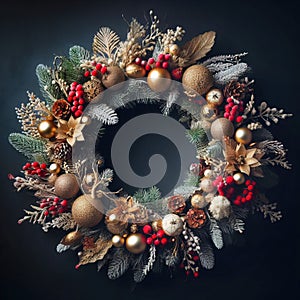 Festive Christmas wreath of fresh natural spruce branches with red holly berries isolated on black background