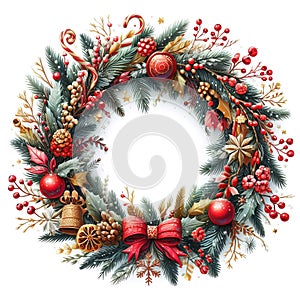 Festive Christmas wreath of fresh natural spruce branches with red holly berries isolated on white background