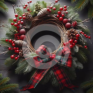 A festive Christmas wreath with red berries, pinecones, and plaid bow