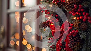 A festive Christmas wreath with a red bow adorns a window