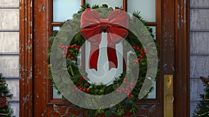 Festive Christmas Wreath with Red Bow on Snowy Doorway