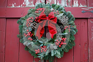 Festive christmas wreath on red wooden door