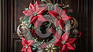 Festive Christmas Wreath on Wooden Door with Red Poinsettias and Pine Cones