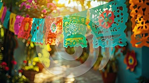 Festive Cinco de Mayo Decorations: Vibrant Papel Picado Streamers Draped in Midair photo