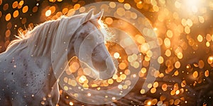 A festive circus white horse under bright yellow and red lights. Concept Circus theme, White horse, Bright lights, Festive