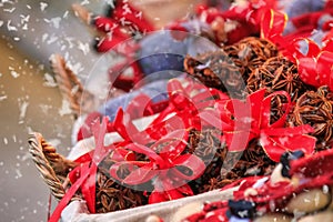 Festive cityscape - view of the dried anise fruits closeup on the Christmas Market