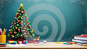 Festive classroom decor with christmas tree and school supplies