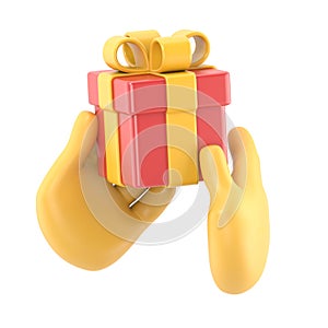 Festive clip art isolated on white background. hands hold gift box with golden bow. Christmas social icon
