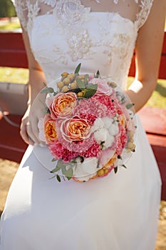 Festive close-up wedding bouquet roses cotton Bridal Dress