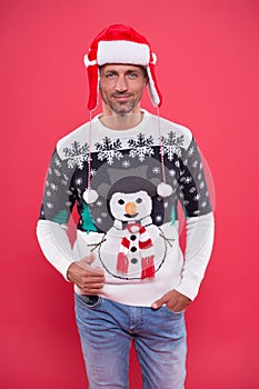 Festive clothes. Christmas concept. Guy in fashionable sweater celebrate winter. Winter sale. Seasonal discount. Diving