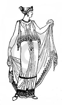 The festive clothes of greek woman engraved in the vintage book the History of Arts by Gnedych P.P., 1885