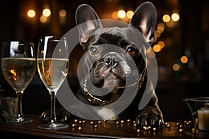 Festive clothing bulldog sitting with glass of champagne. Celebrating concept