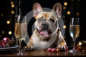 Festive clothing bulldog sitting with glass of champagne. Celebrating concept