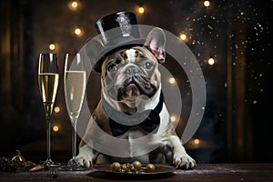 Festive clothing bulldog sitting with glass of champagne. Celebrating concept