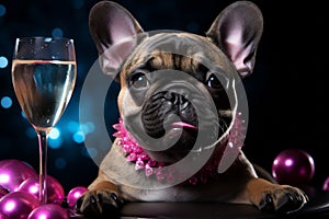 Festive clothing bulldog sitting with glass of champagne. Celebrating concept