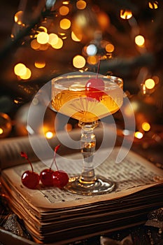 Festive Cocktail with Cherry Garnish - Warm Holiday Ambiance