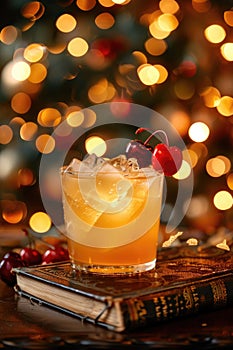 Festive Cocktail with Cherry Garnish - Warm Holiday Ambiance