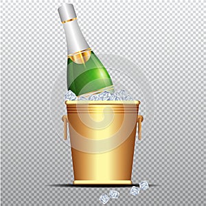 Festive cold bottle of champagne in ice bucket on transparent background