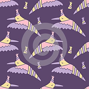 Festive colibri birds and caps silhouette seamless pattern. Perfect retro print for tee, paper, fabric, textile. Hand drawn vector