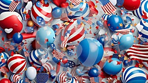 A festive collage of red, white, and blue decorations, including balloons USA on July 4th, AI Generated