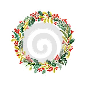Festive colorful Christmas wreath watercolor illustration
