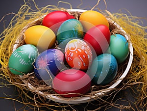 Festive colorful eggs in wicker basket