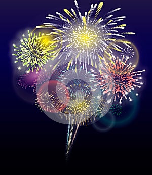 Festive colorful firework bursting in various shapes sparkling pictograms set against transparent background. abstract