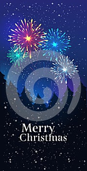 Festive colorful fireworks salute over night pine forest happy new year merry christmas holiday celebration concept