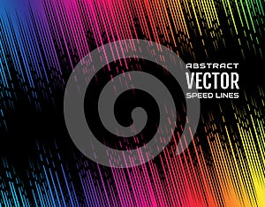 Festive comic diagonal dash speed line gradient of iridescent rainbow color on black background. Design element. Vector