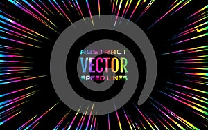 Festive comic radial rainbow speed line, iridescent color on black background, like fireworks. Effect power explosion