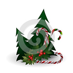 Festive composition with Christmas tree, sweets and berries on a white background.