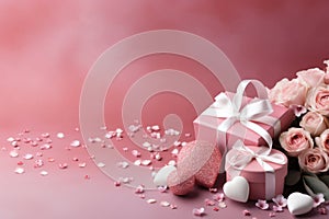 Festive composition of gift boxes, hearts and fresh roses on pink background. Valentine's Day 14th February