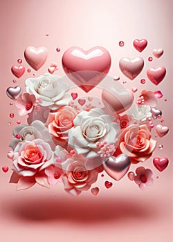 Festive composition from roses and hearts for Valentine\'s day on light pink background