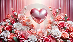 Festive composition from roses and hearts for Valentine\'s day on light pink background