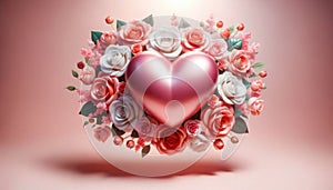 Festive composition from roses and hearts for Valentine\'s day on light pink background