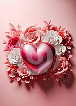 Festive composition from roses and hearts for Valentine\'s day on light pink background