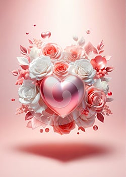 Festive composition from roses and hearts for Valentine\'s day on light pink background