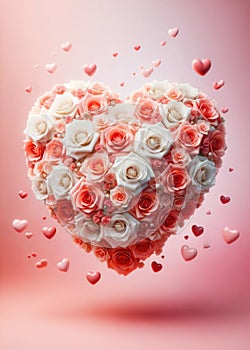 Festive composition from roses in shape of heart for Valentine\'s day on light pink background