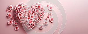 Festive composition from roses in shape of heart for Valentine\'s day on light pink background