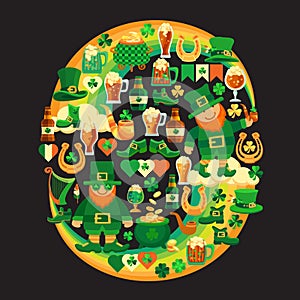 Festive composition for Saint Patricks Day. Holiday symbols. Vector illustration.