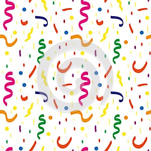 Festive confetti seamless pattern. Modern, geometric repeating texture. Memphis style endless background. Vector