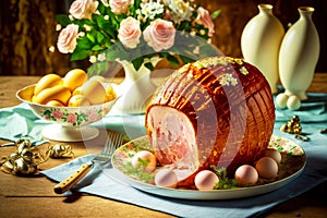 festive cooked easter ham with eggs and decoration on table