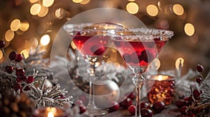 Festive Cranberry Martini Cheer. A trio of cranberry martinis, adorned with sugar rims and berries, radiates holiday